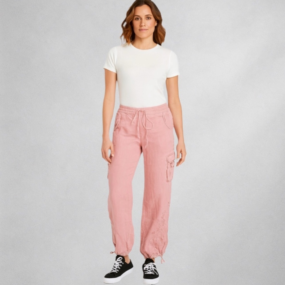 LONDONJEAN Womens Joggers Size 2 Embroidered 100% Linen Pale Pink Drawstrings